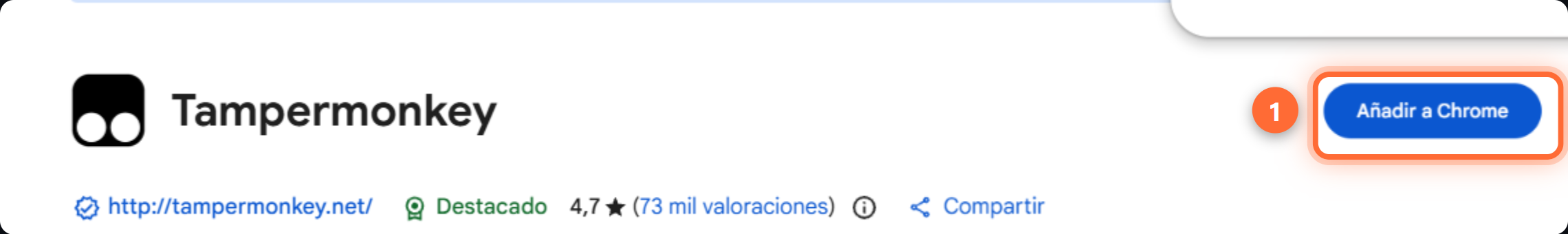 La página de Tampermonkey en la tienda de Chrome, con el botón Añadir a Chrome señalado.