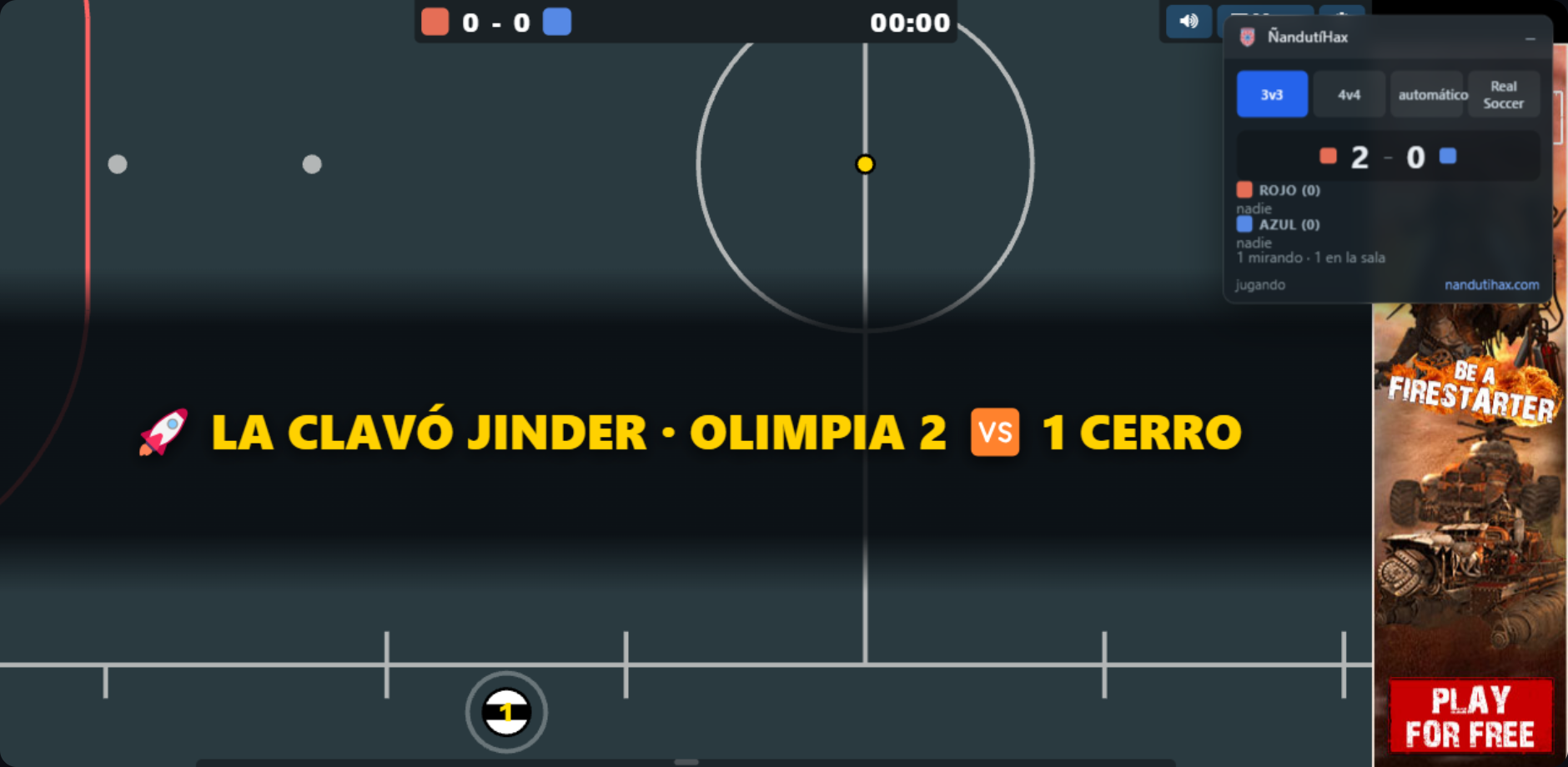 Una sala de ÑandutíHax en el juego: el panel con el marcador arriba a la derecha y el cartel de gol grande sobre la cancha.